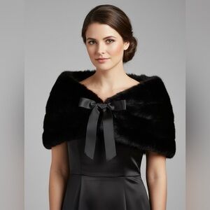 Vintage Preston & York Premiere Rabbit Fur Black Stole with Ribbon Accent